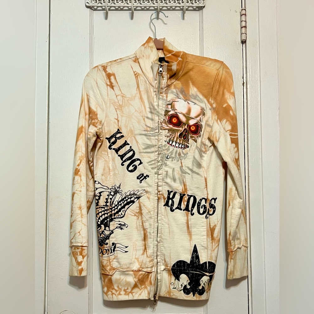 King Of Kings Skull Orange Ivory Tie Die Double Zip Men’s Sweatshirt Sz M